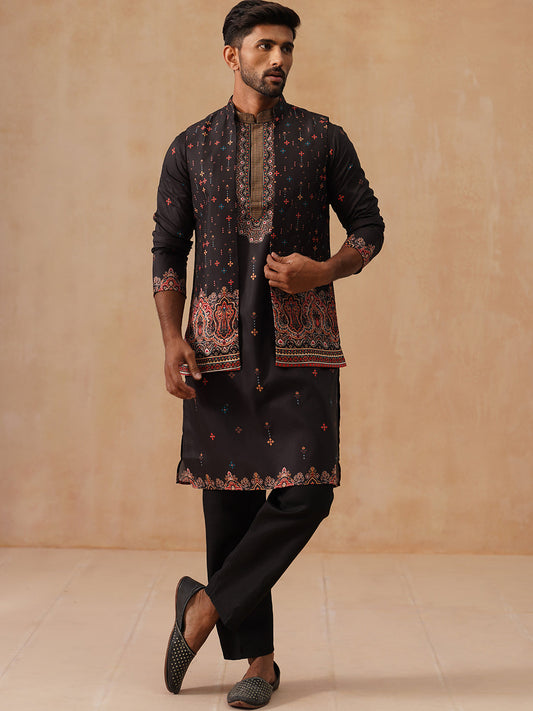 Printed Silk Blend Kurta with Matching Printed Waistcoat Set ( JOKPWCS 5301 Black ) [FF] [P-7-8]