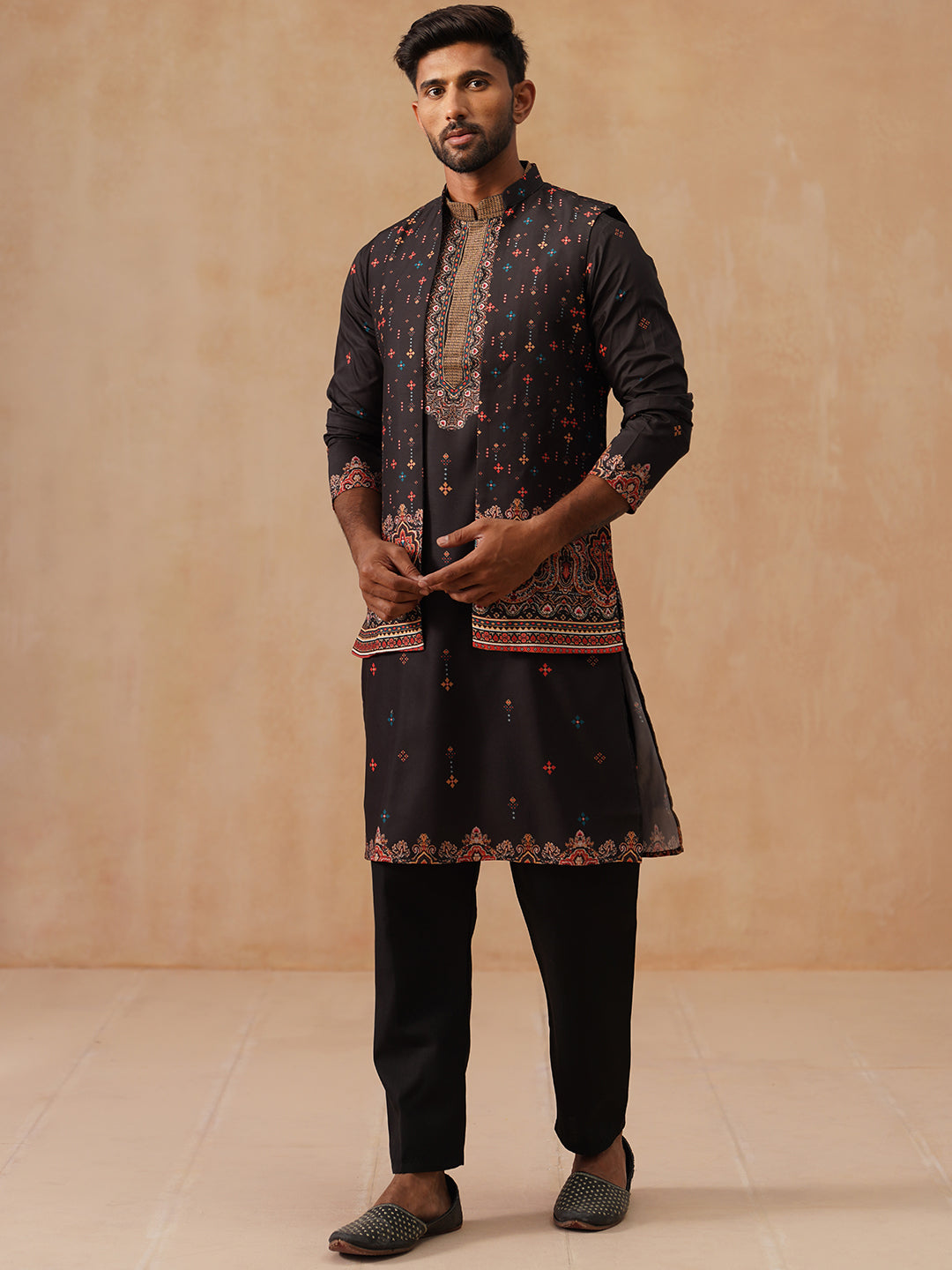 Printed Silk Blend Kurta with Matching Printed Waistcoat Set ( JOKPWCS 5301 Black ) [FF] [P-7-8]