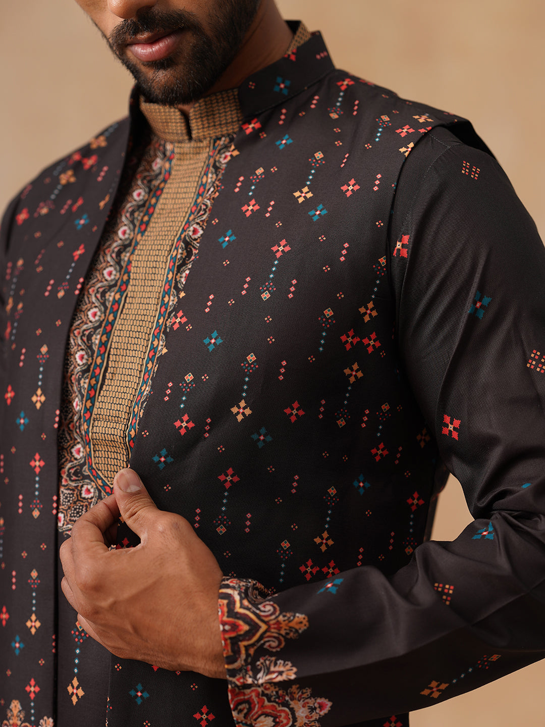 Printed Silk Blend Kurta with Matching Printed Waistcoat Set ( JOKPWCS 5301 Black ) [FF] [P-7-8]