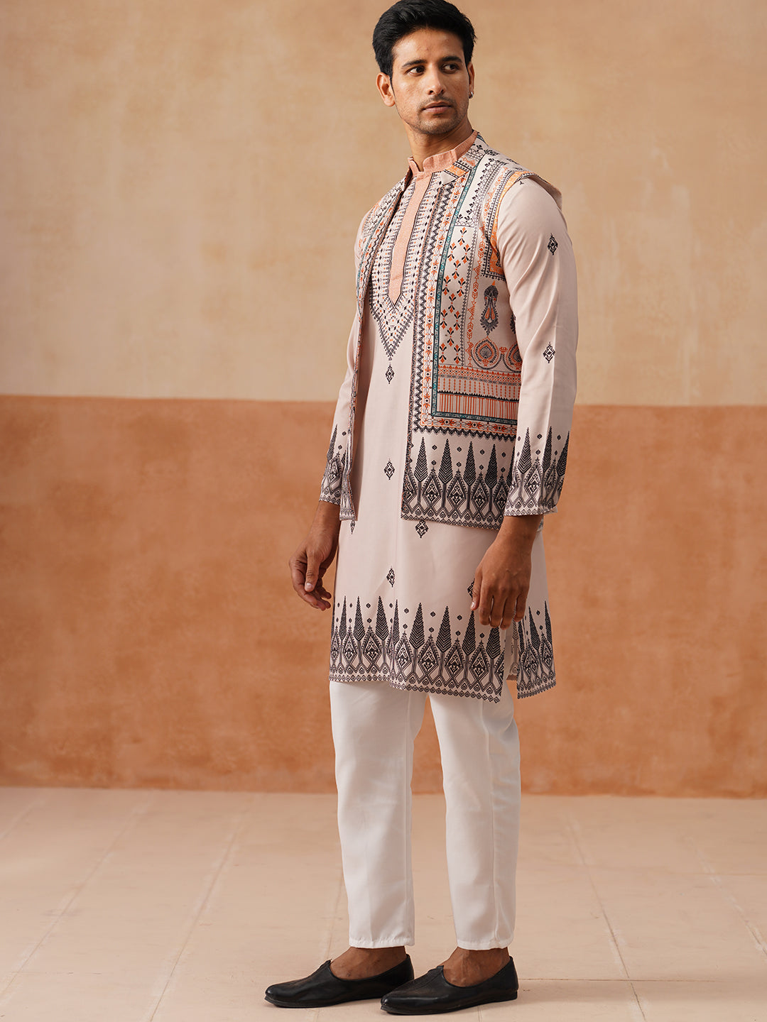Printed Silk Blend Kurta with Matching Printed Waistcoat Set ( JOKPWCS 5301 Cream ) [FF] [P-7-8]
