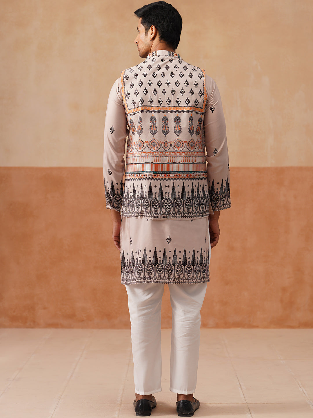 Printed Silk Blend Kurta with Matching Printed Waistcoat Set ( JOKPWCS 5301 Cream ) [FF] [P-7-8]
