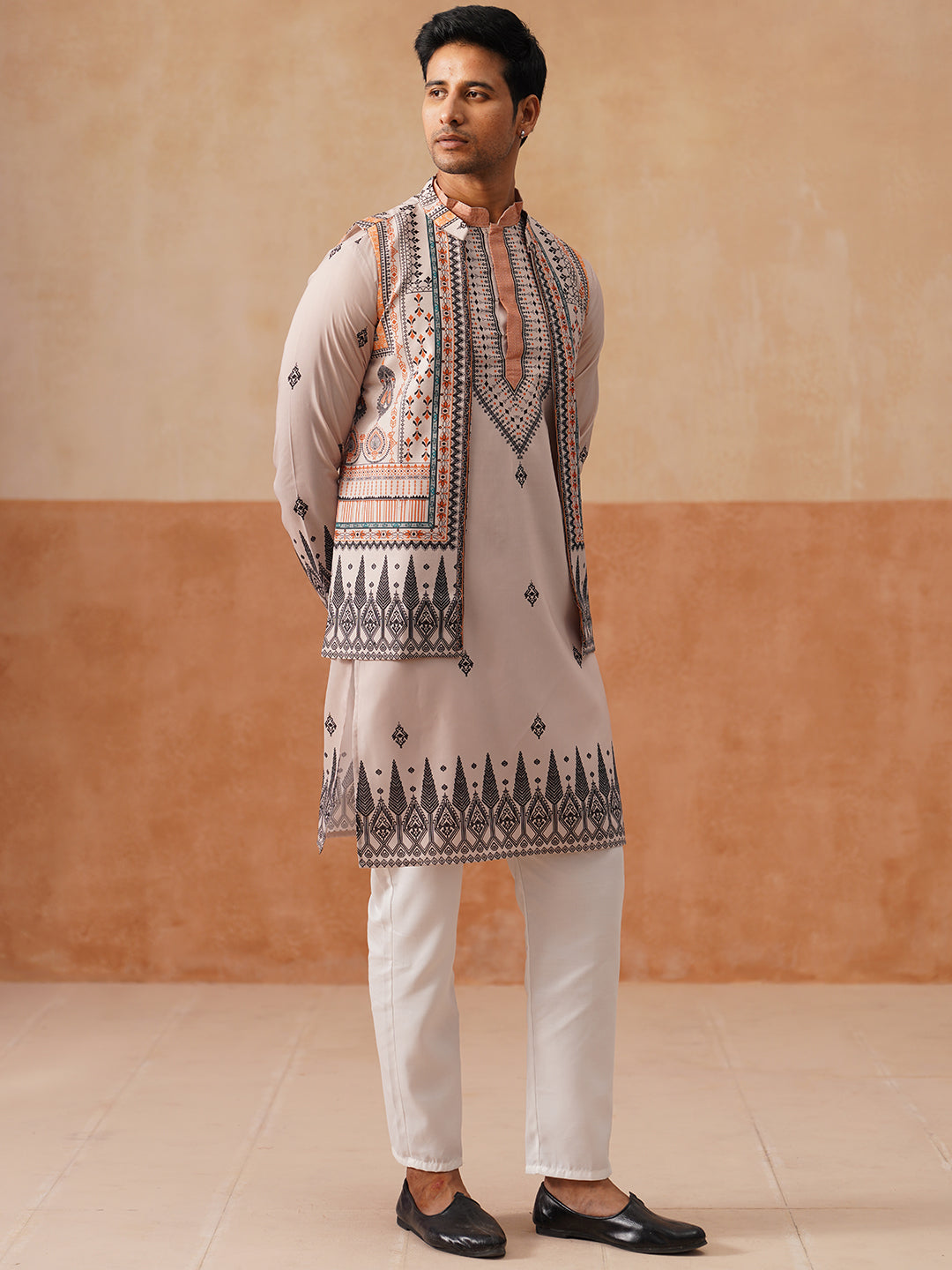 Printed Silk Blend Kurta with Matching Printed Waistcoat Set ( JOKPWCS 5301 Cream ) [FF] [P-7-8]