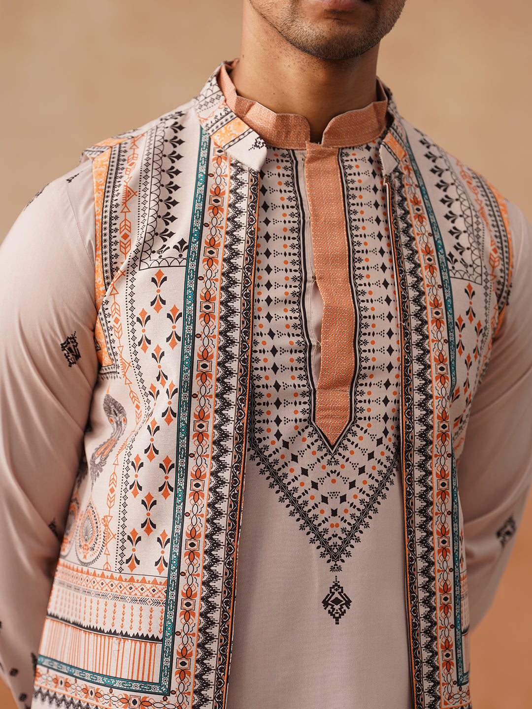 Printed Silk Blend Kurta with Matching Printed Waistcoat Set ( JOKPWCS 5301 Cream ) [FF] [P-7-8]
