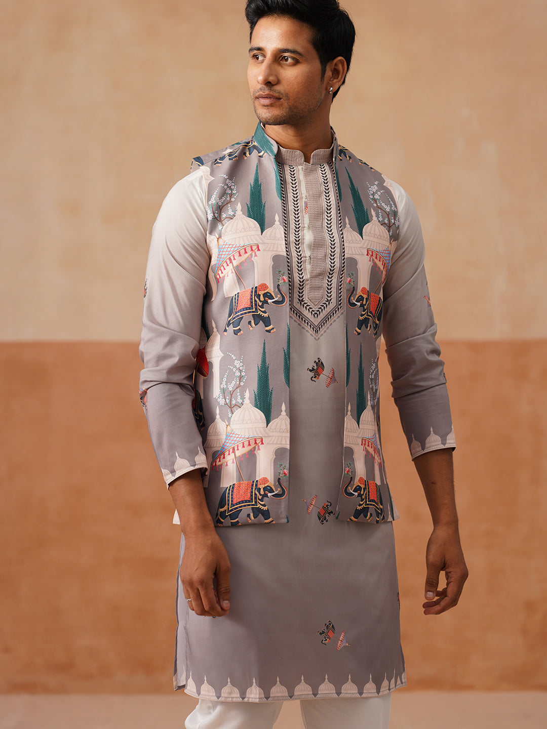 Printed Silk Blend Kurta with Matching Printed Waistcoat Set ( JOKPWCS 5301 Grey ) [FF] [P-7-8]