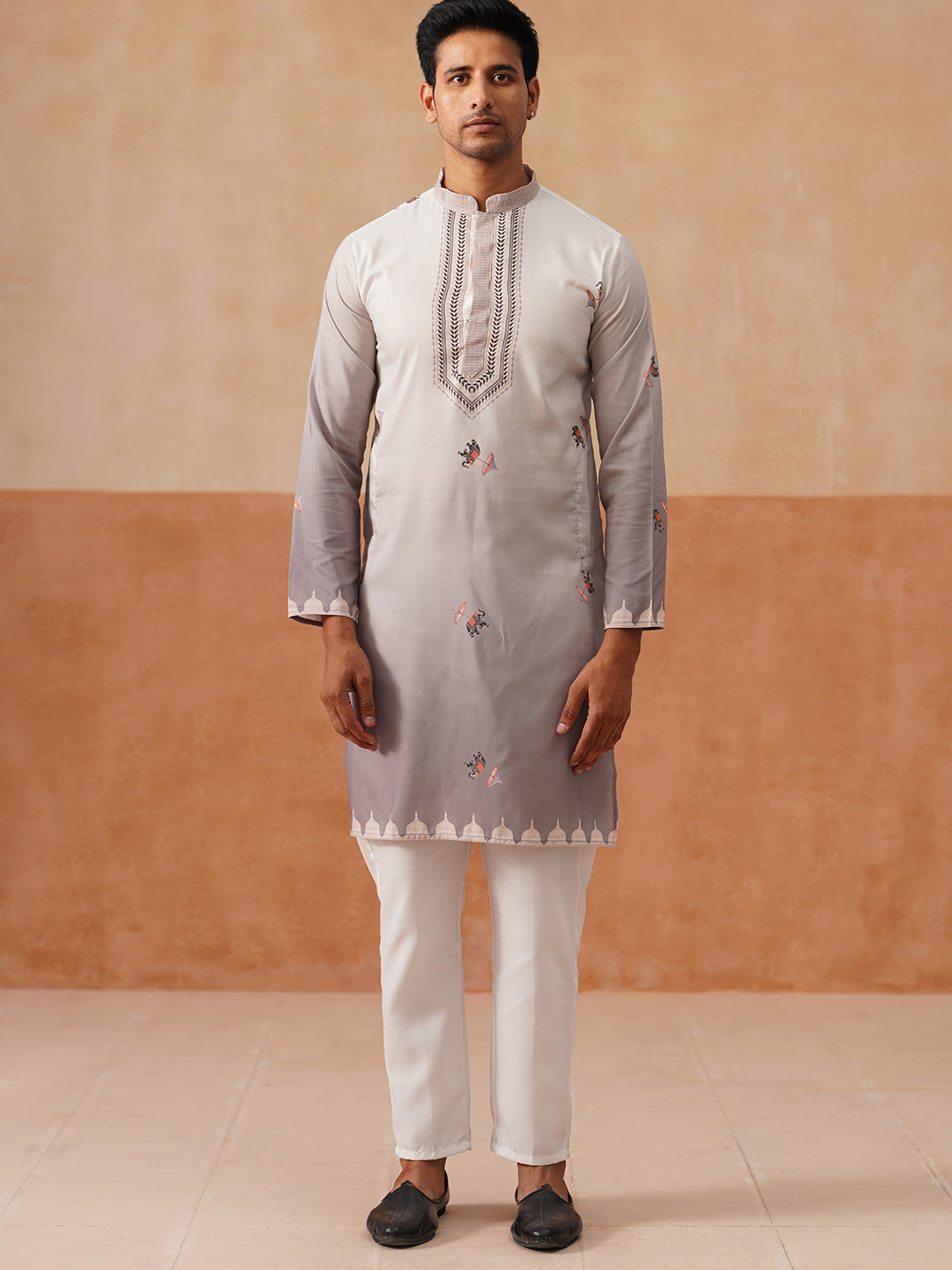 Printed Silk Blend Kurta with Matching Printed Waistcoat Set ( JOKPWCS 5301 Grey ) [FF] [P-7-8]