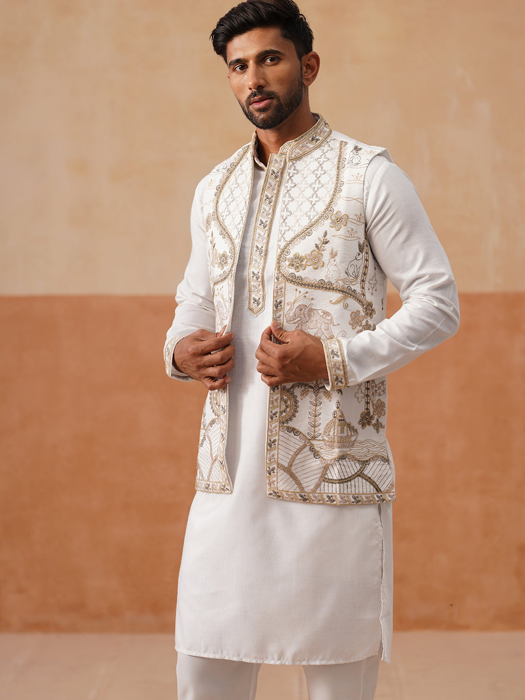Embroidered Waistcoat and Kurta Pyjama For Men ( JOKPWCS 5302 White )