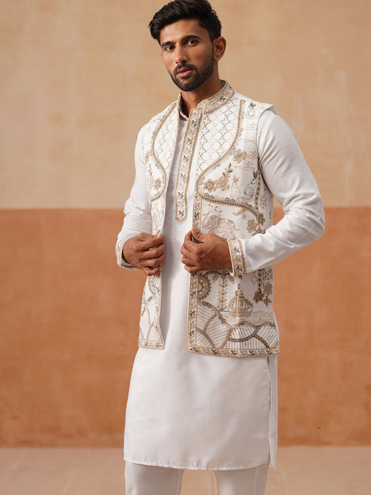 Embroidered Waistcoat and Kurta Pyjama For Men ( JOKPWCS 5302 White )