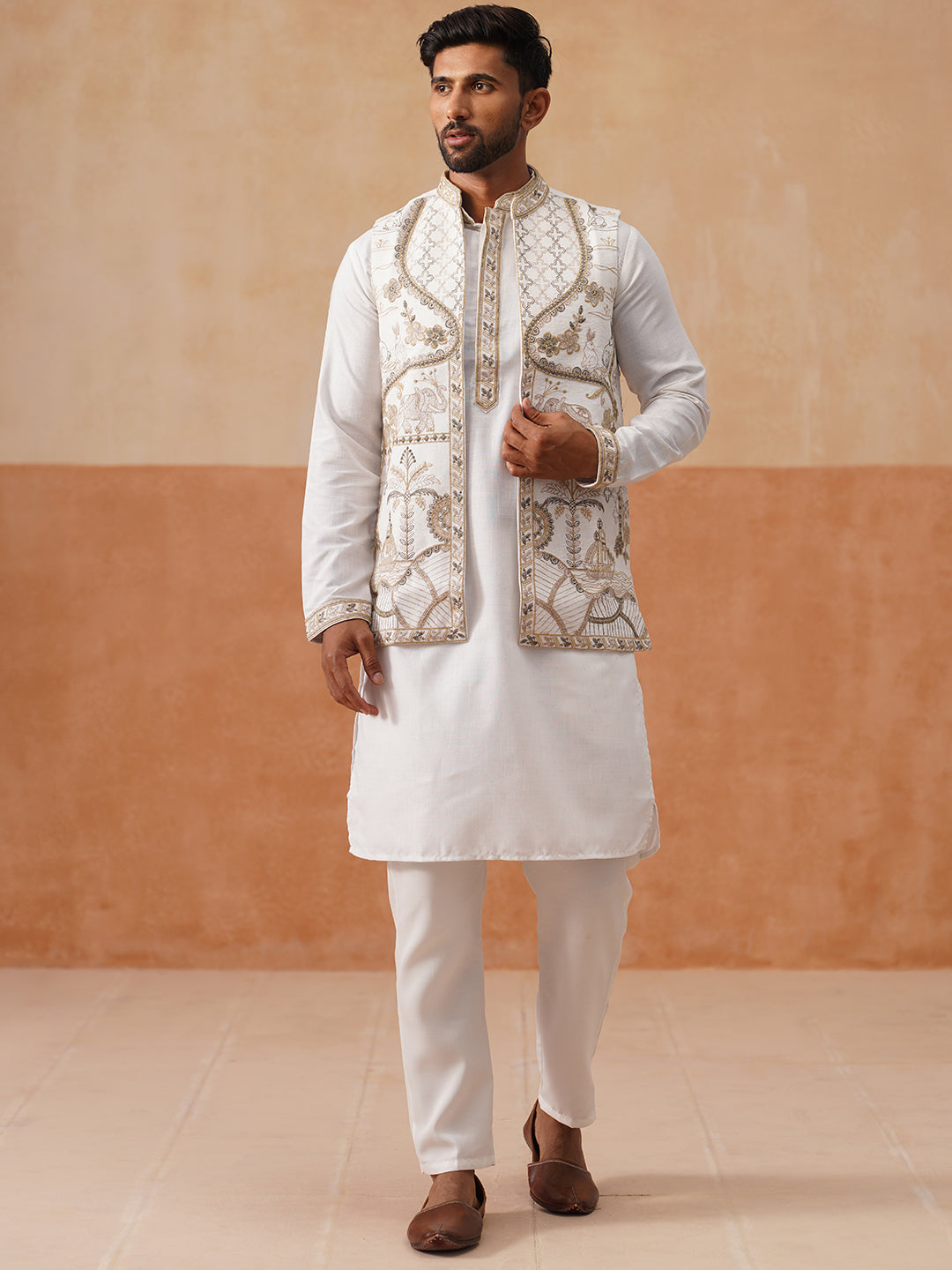 Embroidered Waistcoat and Kurta Pyjama For Men ( JOKPWCS 5302 White )