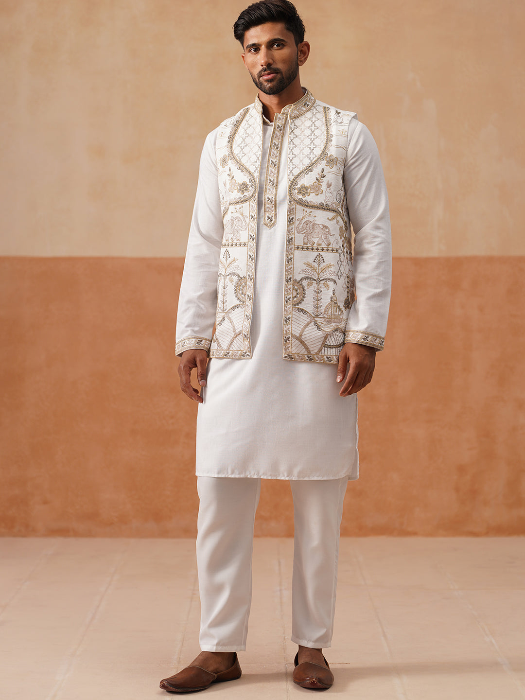 Embroidered Waistcoat and Kurta Pyjama For Men ( JOKPWCS 5302 White )