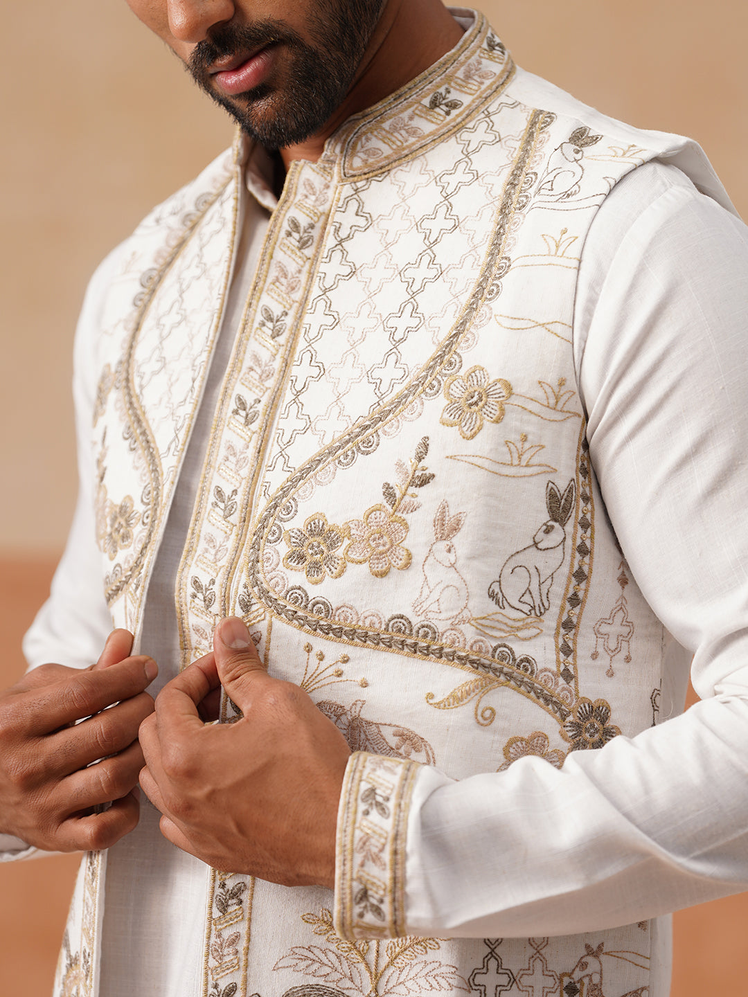 Embroidered Waistcoat and Kurta Pyjama For Men ( JOKPWCS 5302 White )