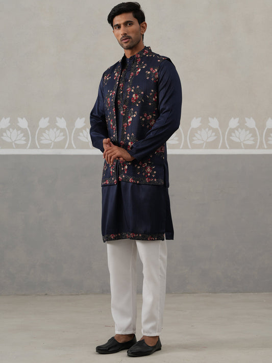 Floral Embroidered Nehru Jacket and Silk Blend Kurta Set ( JOKPWCS 5321 Navy ) [FF] [I-3]