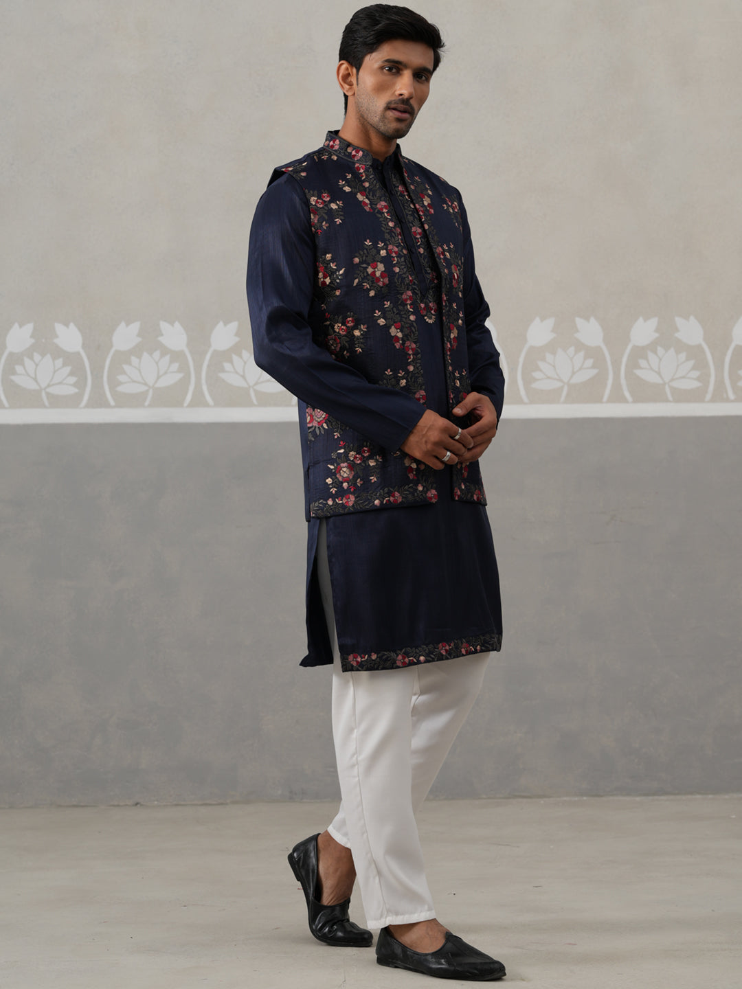 Floral Embroidered Nehru Jacket and Silk Blend Kurta Set ( JOKPWCS 5321 Navy ) [FF] [I-3]
