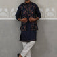Floral Embroidered Nehru Jacket and Silk Blend Kurta Set ( JOKPWCS 5321 Navy ) [FF] [I-3]