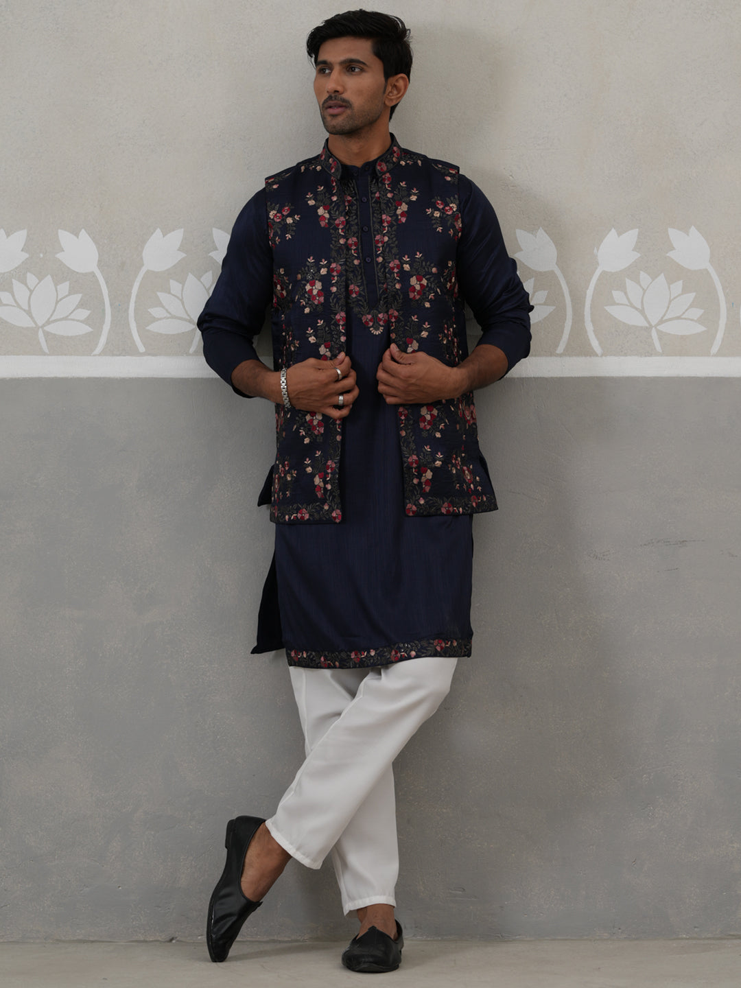 Floral Embroidered Nehru Jacket and Silk Blend Kurta Set ( JOKPWCS 5321 Navy ) [FF] [I-3]