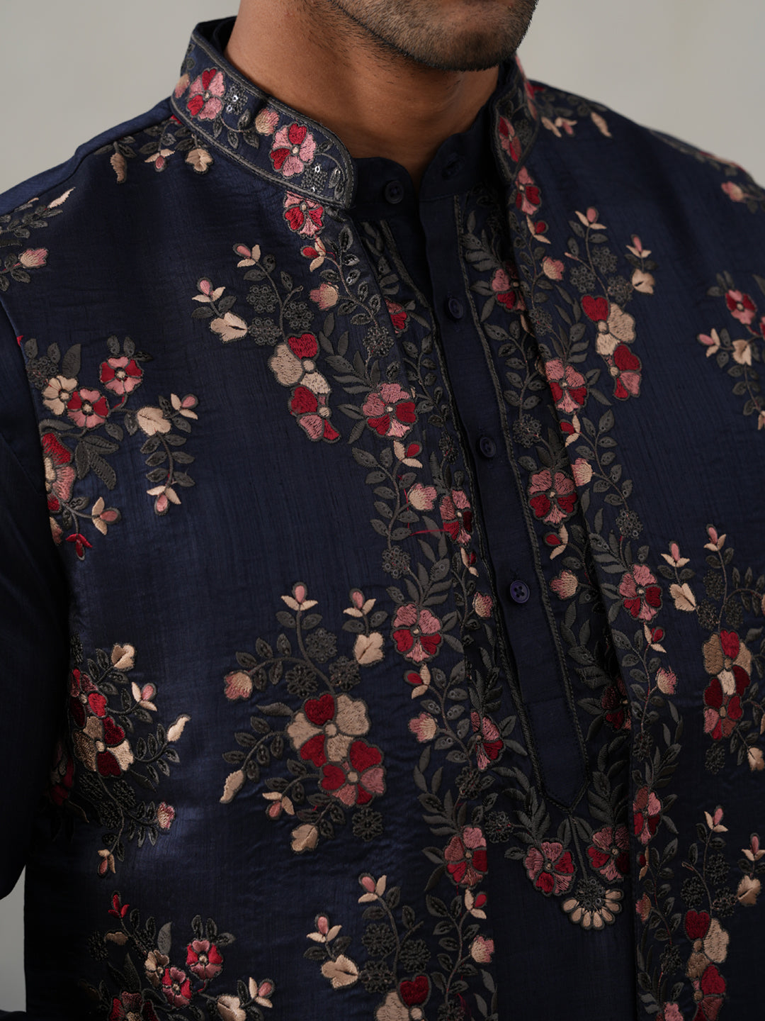 Floral Embroidered Nehru Jacket and Silk Blend Kurta Set ( JOKPWCS 5321 Navy ) [FF] [I-3]