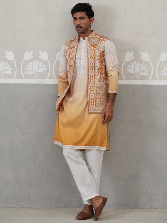 Embroidered Mustard Nehru Jacket with Kurta Pyjama Set ( JOKPWCS 5322 Mustard ) [FF] [I-3]