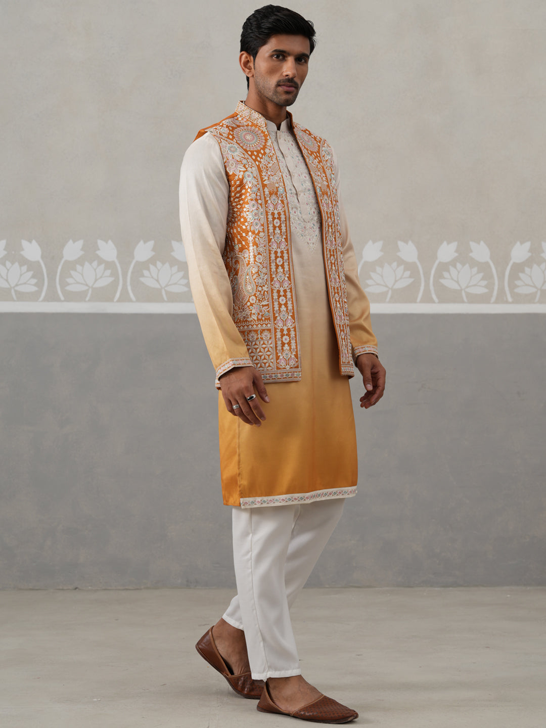 Embroidered Mustard Nehru Jacket with Kurta Pyjama Set ( JOKPWCS 5322 Mustard ) [FF] [I-3]