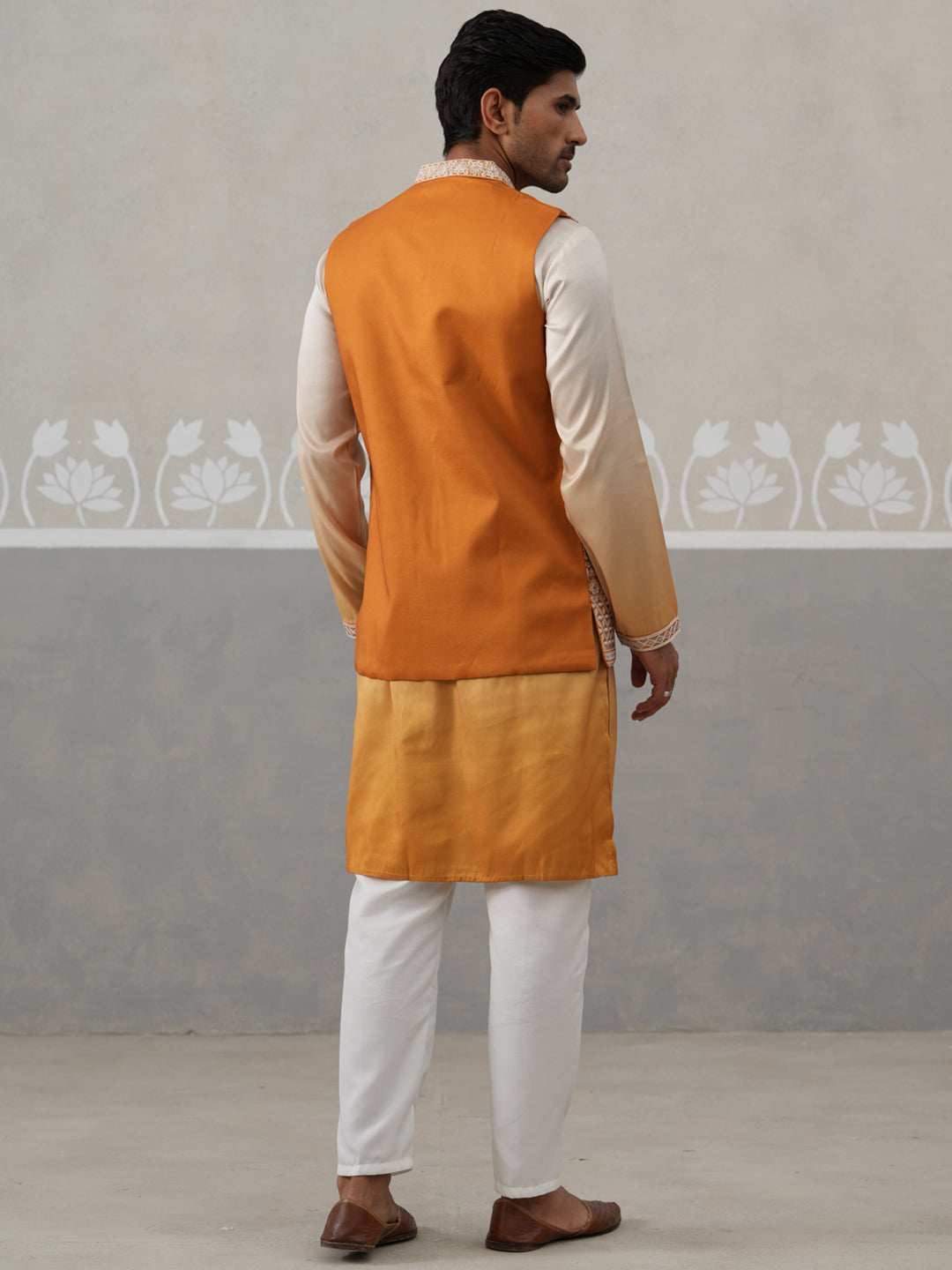 Embroidered Mustard Nehru Jacket with Kurta Pyjama Set ( JOKPWCS 5322 Mustard ) [FF] [I-3]
