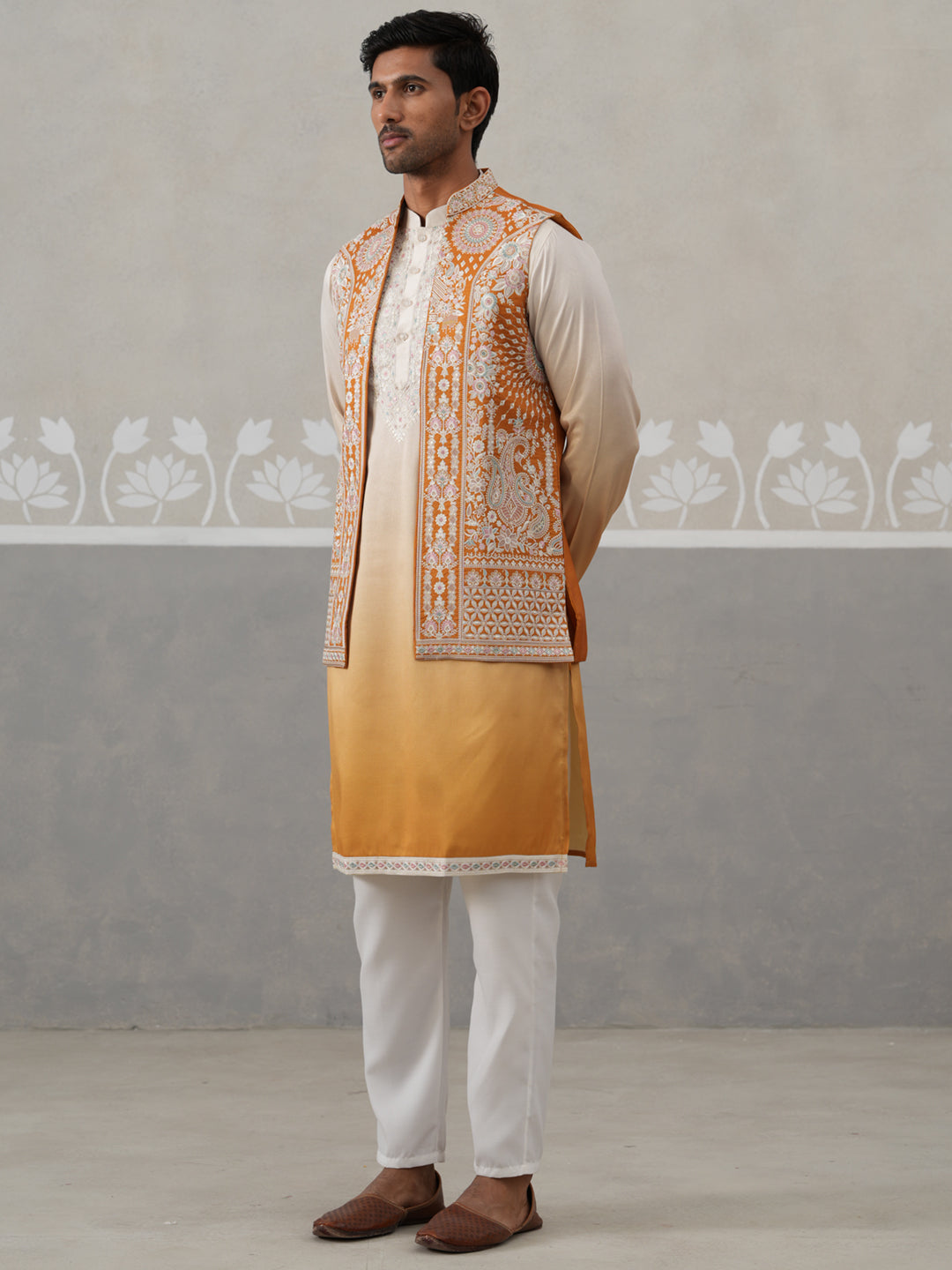 Embroidered Mustard Nehru Jacket with Kurta Pyjama Set ( JOKPWCS 5322 Mustard ) [FF] [I-3]