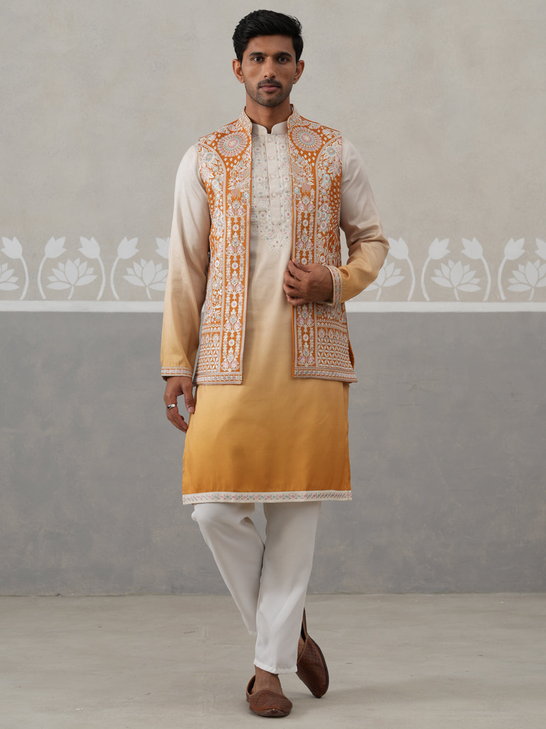 Embroidered Mustard Nehru Jacket with Kurta Pyjama Set ( JOKPWCS 5322 Mustard ) [FF] [I-3]