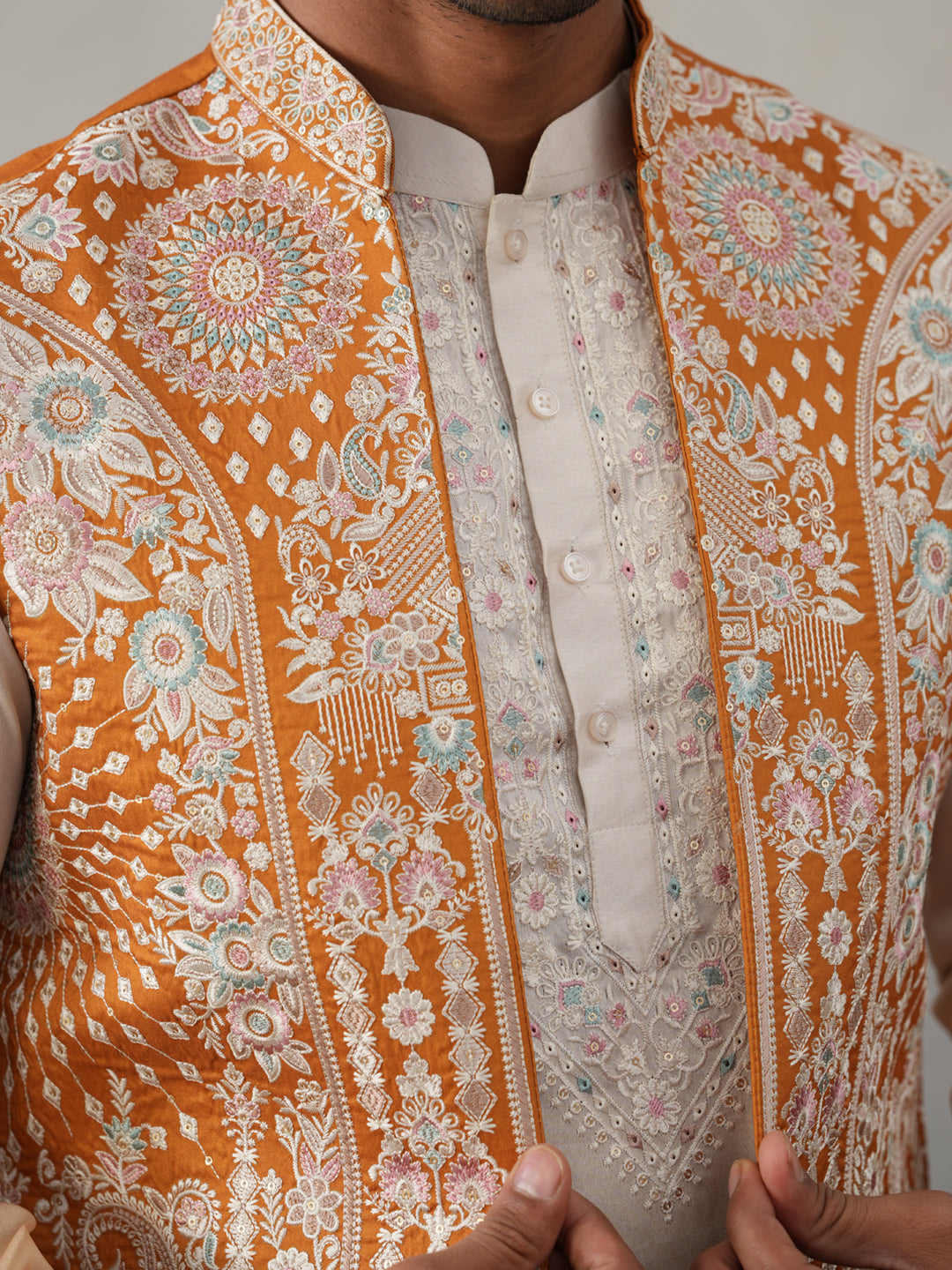 Embroidered Mustard Nehru Jacket with Kurta Pyjama Set ( JOKPWCS 5322 Mustard ) [FF] [I-3]
