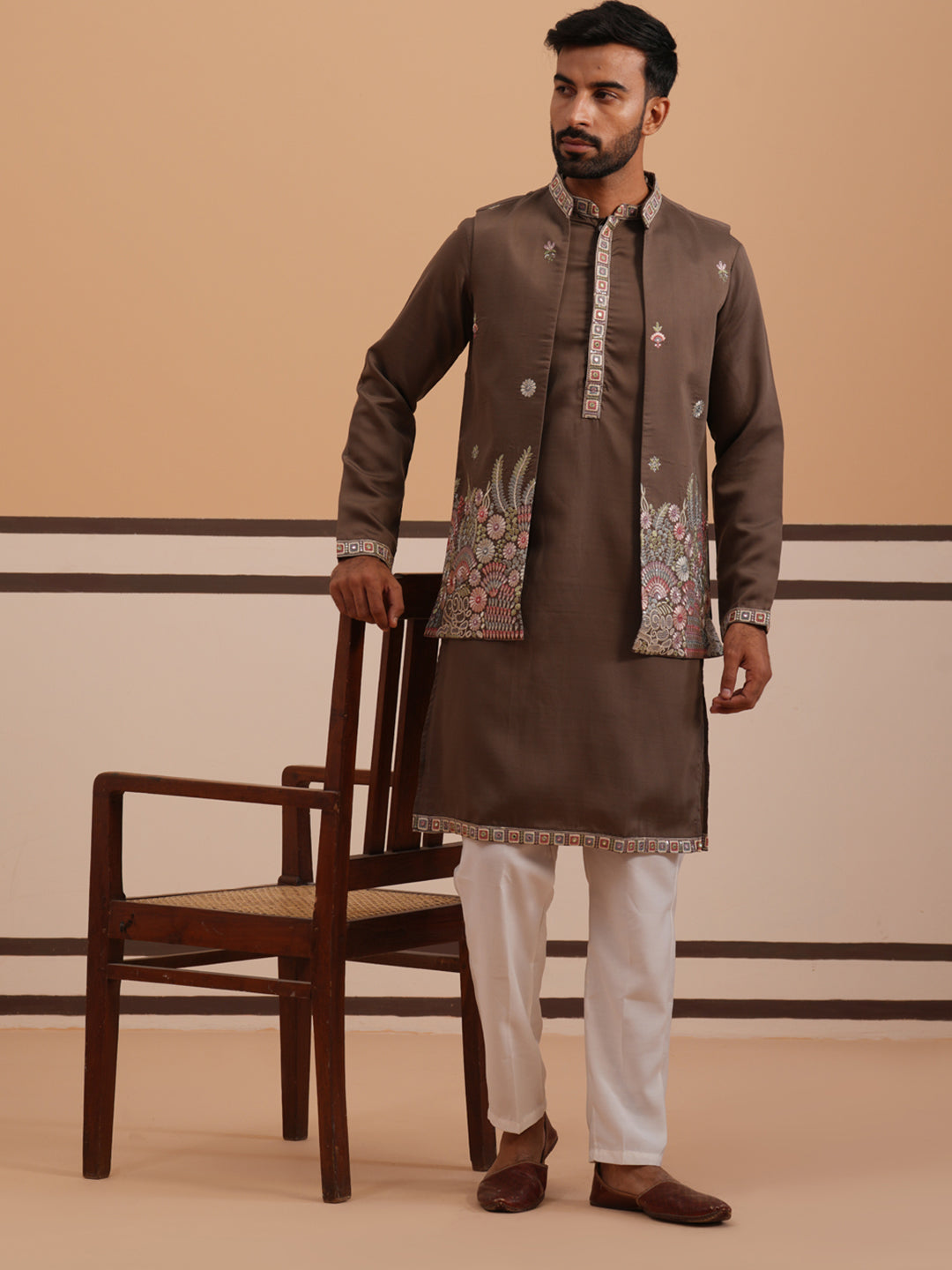 Embroidered Nehru Jacket with Kurta Pyjama Set (JOKPWCS 5367 Brown ) [FF] [A-6-7]