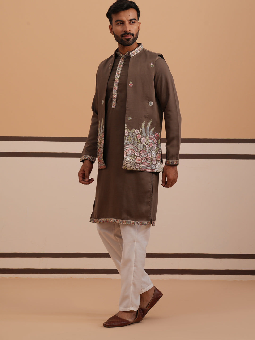 Embroidered Nehru Jacket with Kurta Pyjama Set (JOKPWCS 5367 Brown ) [FF] [A-6-7]