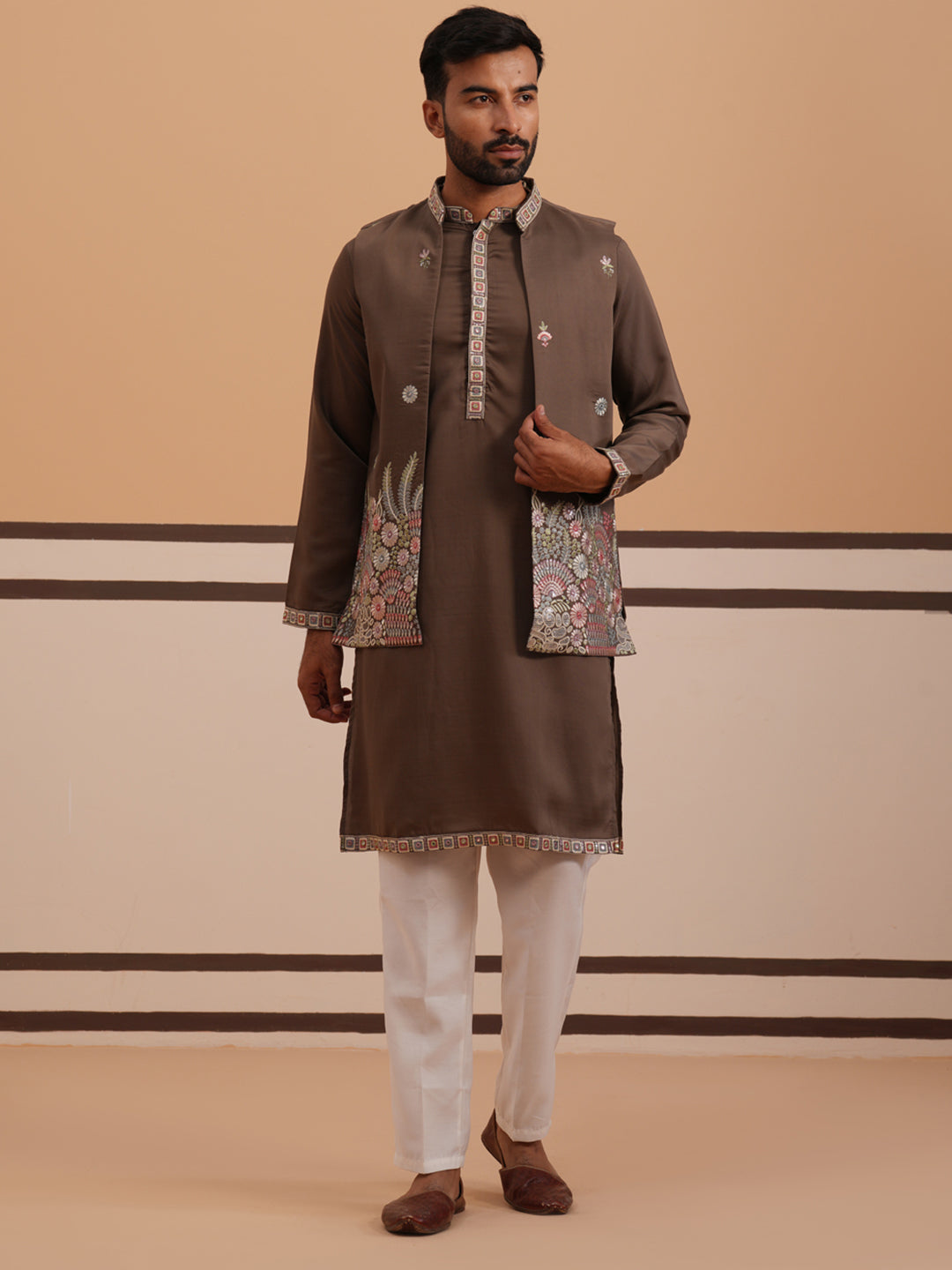 Embroidered Nehru Jacket with Kurta Pyjama Set (JOKPWCS 5367 Brown ) [FF] [A-6-7]