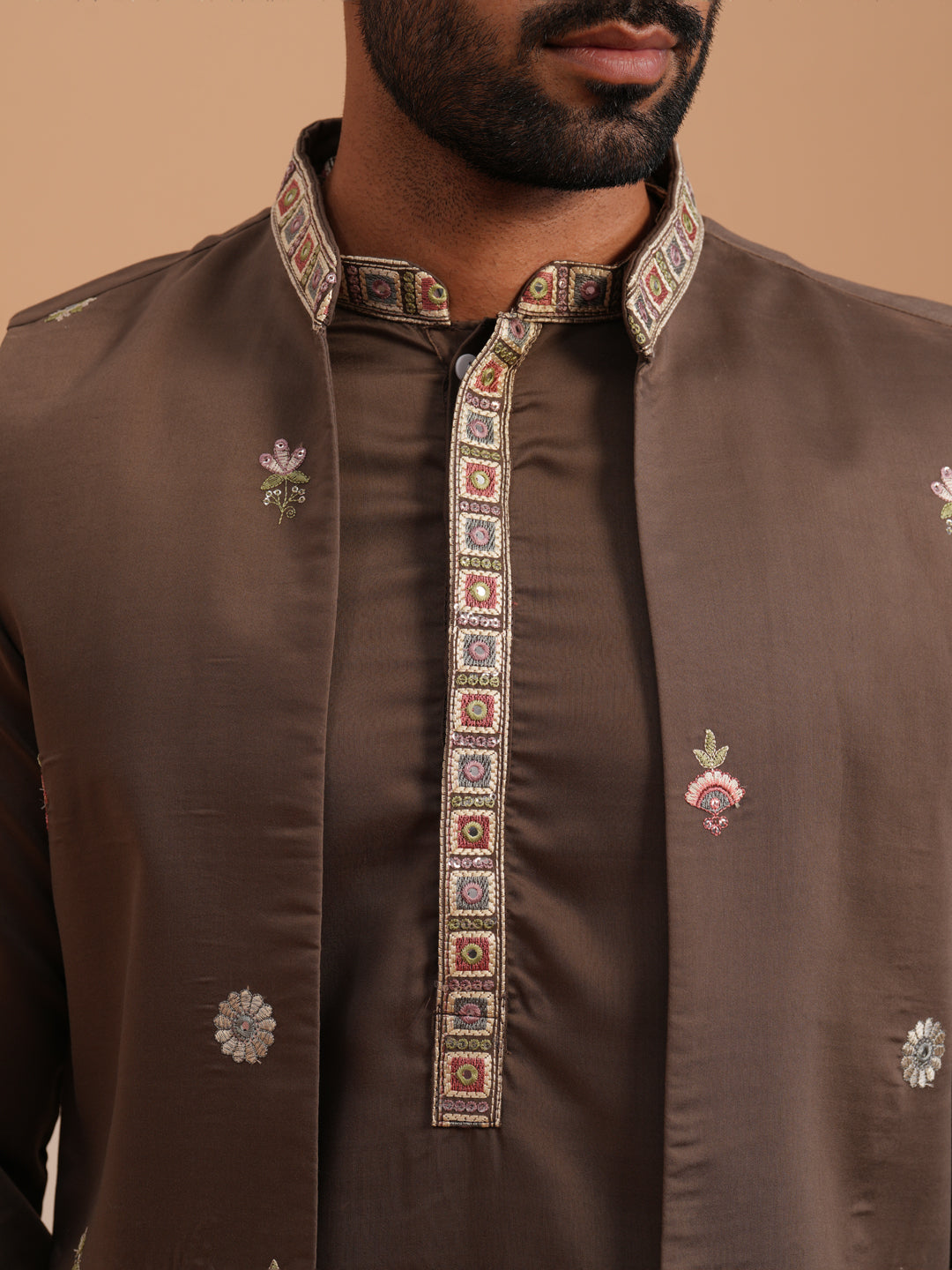Embroidered Nehru Jacket with Kurta Pyjama Set (JOKPWCS 5367 Brown ) [FF] [A-6-7]