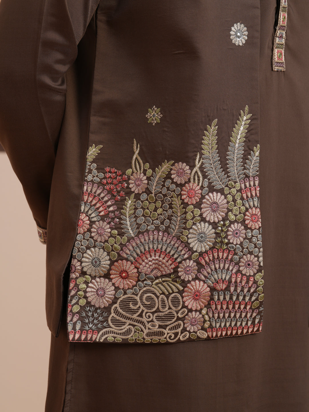 Embroidered Nehru Jacket with Kurta Pyjama Set (JOKPWCS 5367 Brown ) [FF] [A-6-7]