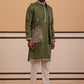 Embroidered Nehru Jacket with Kurta Pyjama Set ( JOKPWCS 5367 Olive ) [FF] [A-6-7]
