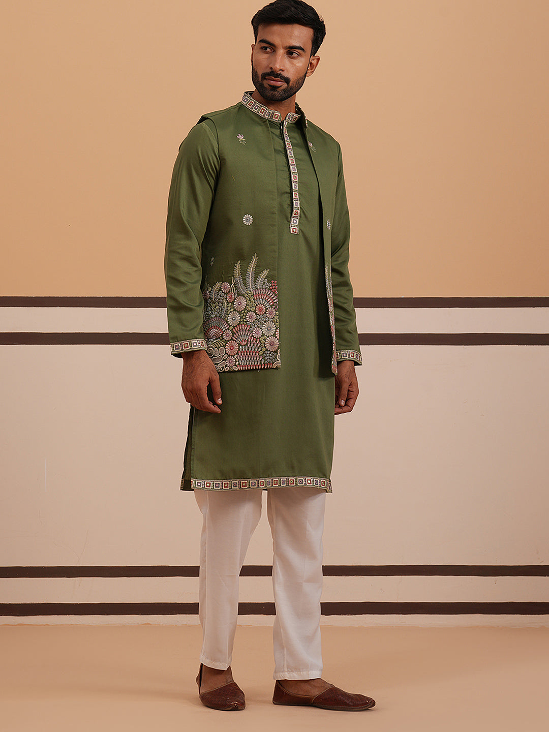 Embroidered Nehru Jacket with Kurta Pyjama Set ( JOKPWCS 5367 Olive ) [FF] [A-6-7]