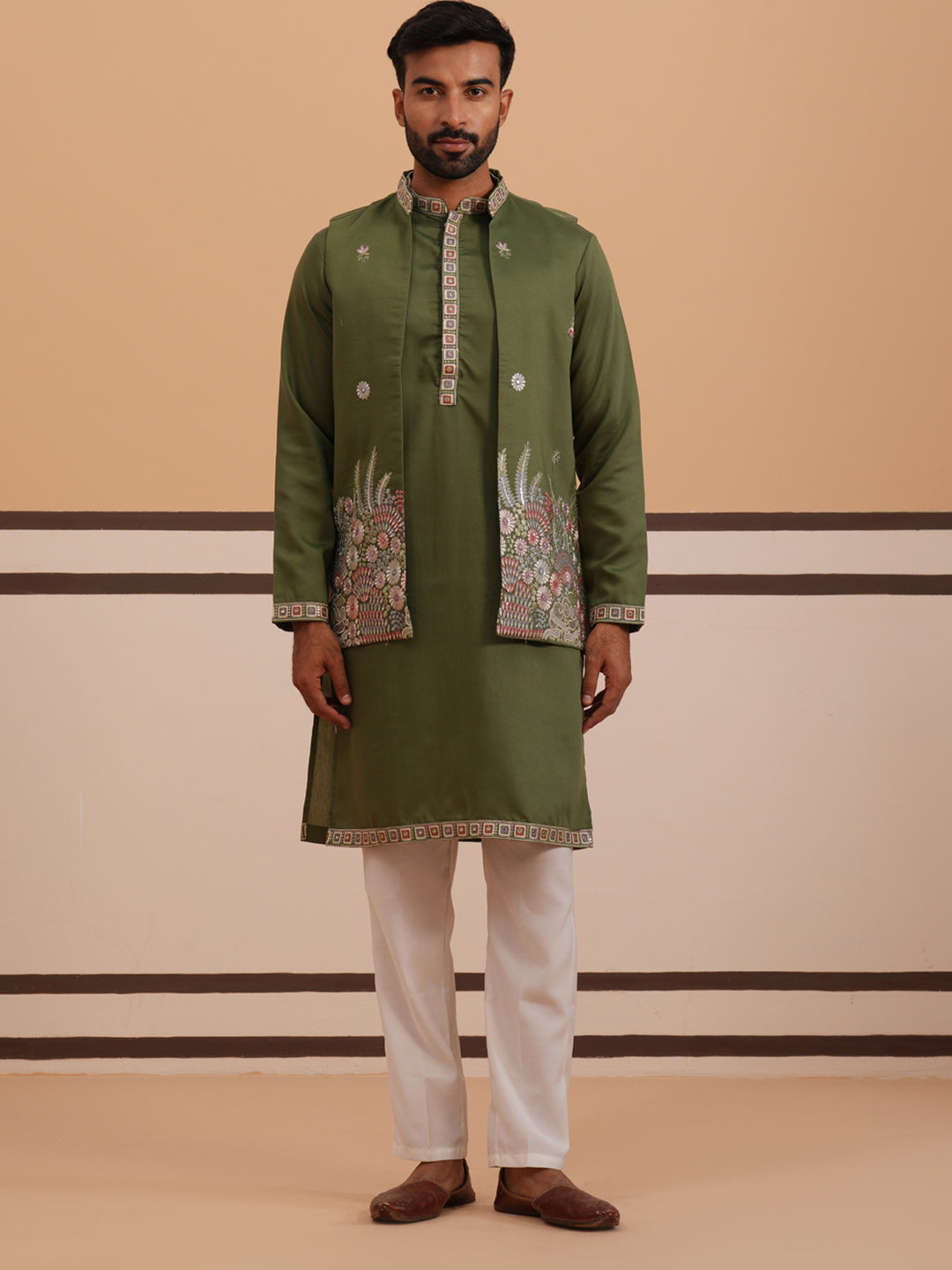 Embroidered Nehru Jacket with Kurta Pyjama Set ( JOKPWCS 5367 Olive ) [FF] [A-6-7]