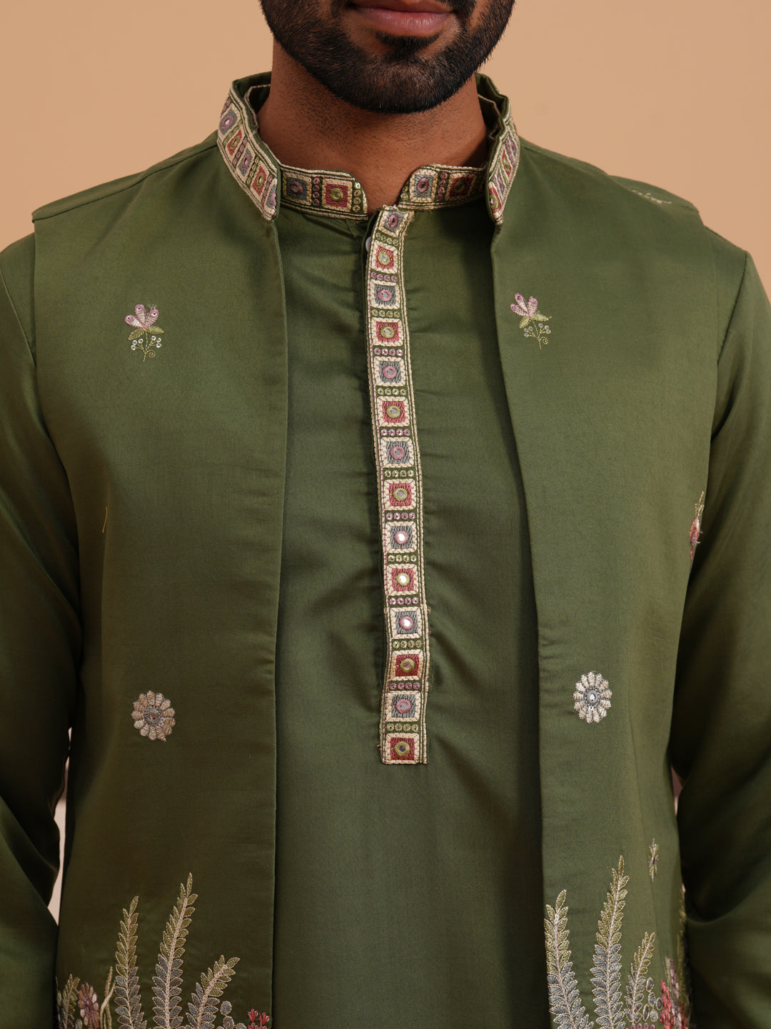 Embroidered Nehru Jacket with Kurta Pyjama Set ( JOKPWCS 5367 Olive ) [FF] [A-6-7]