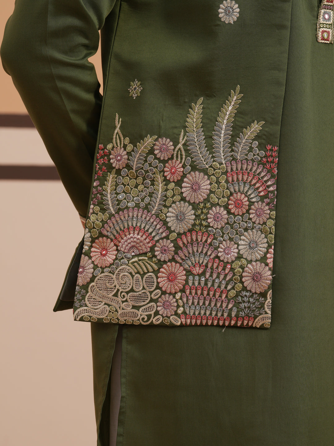 Embroidered Nehru Jacket with Kurta Pyjama Set ( JOKPWCS 5367 Olive ) [FF] [A-6-7]