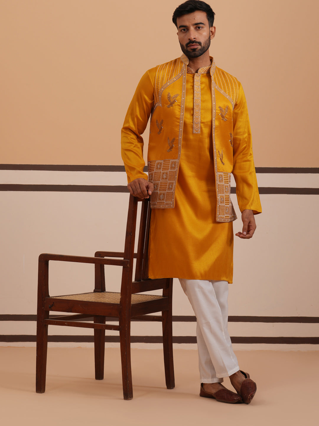 Mustard Embroidered Nehru Jacket & Kurta Pyjama Set ( JOKPWCS 5368 Mustard ) [FF] [A-1-4]