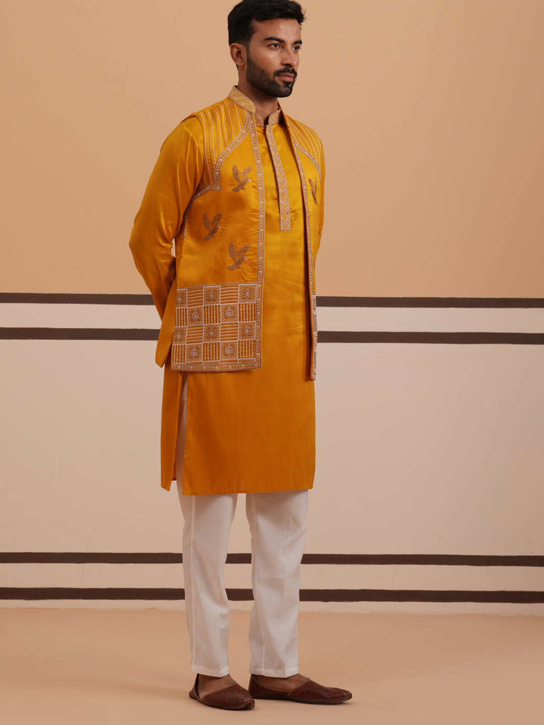 Mustard Embroidered Nehru Jacket & Kurta Pyjama Set ( JOKPWCS 5368 Mustard ) [FF] [A-1-4]