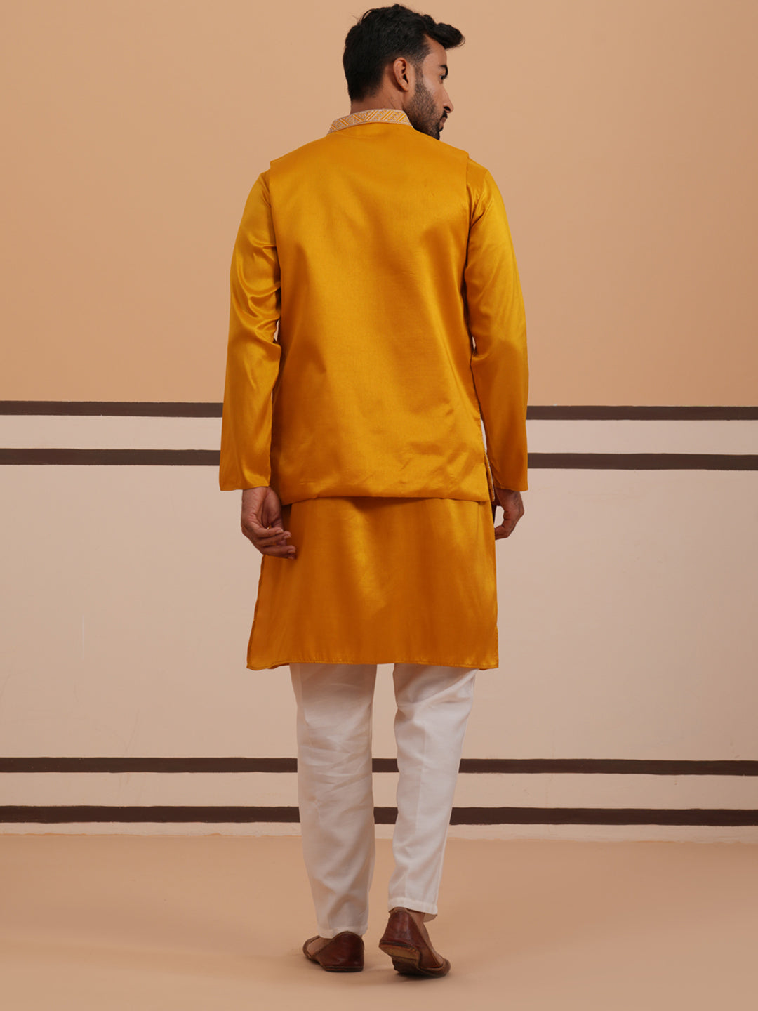 Mustard Embroidered Nehru Jacket & Kurta Pyjama Set ( JOKPWCS 5368 Mustard ) [FF] [A-1-4]