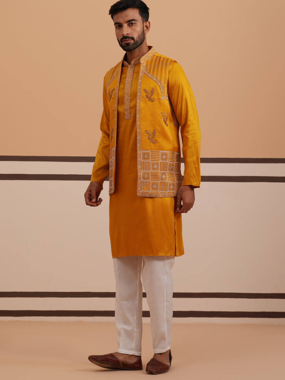 Mustard Embroidered Nehru Jacket & Kurta Pyjama Set ( JOKPWCS 5368 Mustard ) [FF] [A-1-4]
