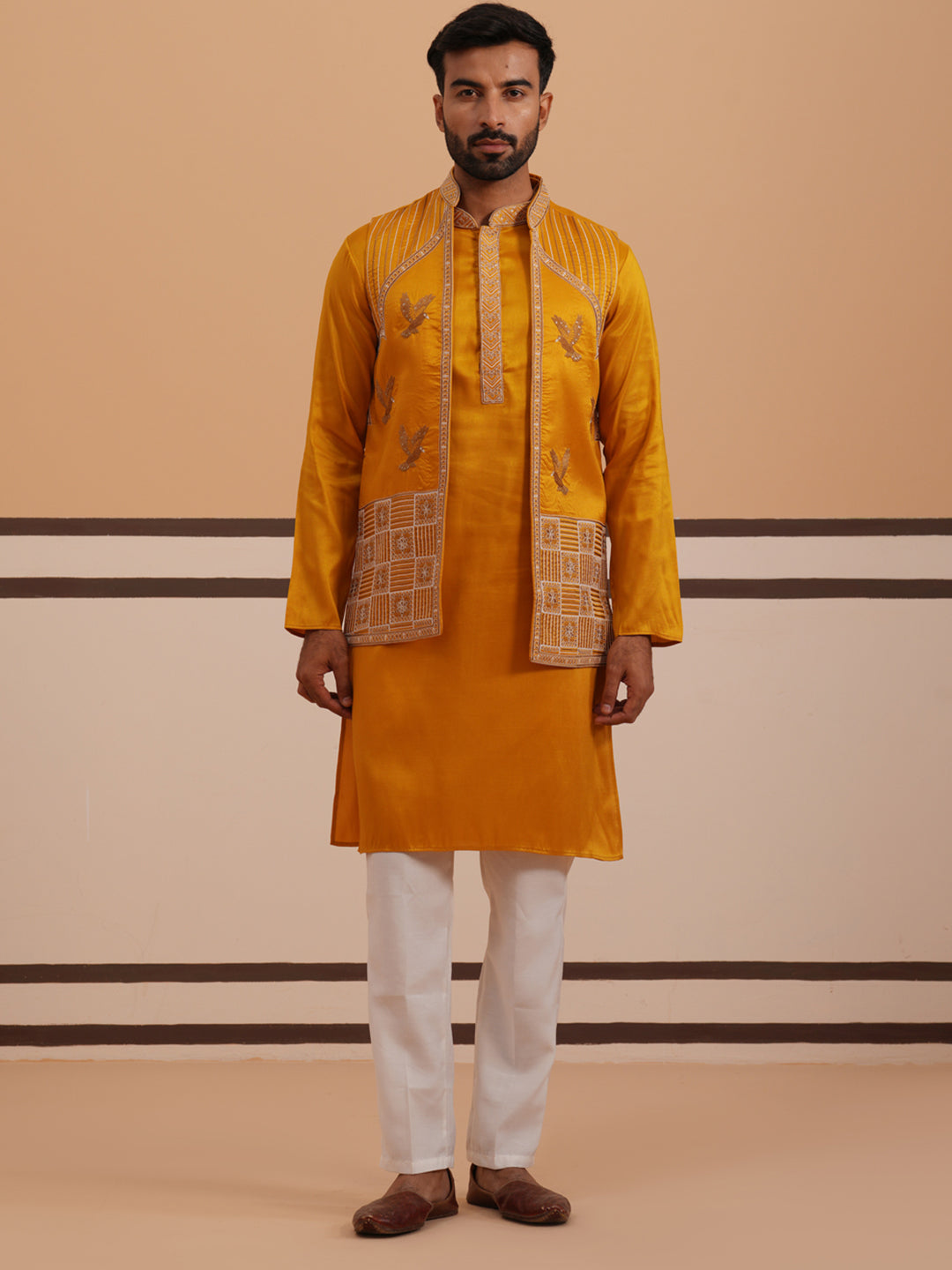 Mustard Embroidered Nehru Jacket & Kurta Pyjama Set ( JOKPWCS 5368 Mustard ) [FF] [A-1-4]