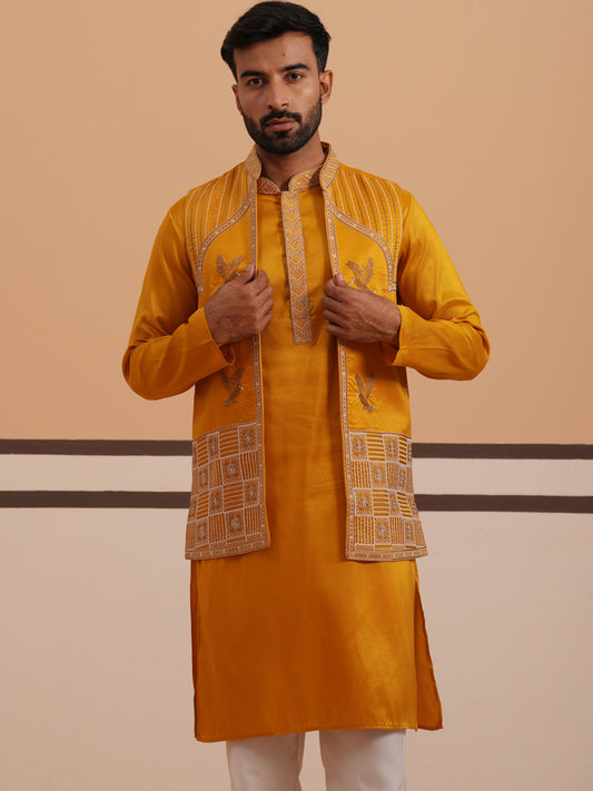 Mustard Embroidered Nehru Jacket & Kurta Pyjama Set ( JOKPWCS 5368 Mustard ) [FF] [A-1-4]