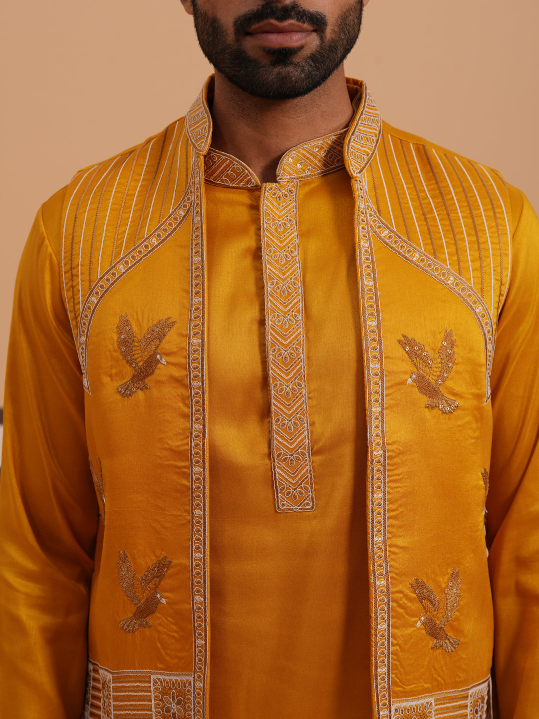 Mustard Embroidered Nehru Jacket & Kurta Pyjama Set ( JOKPWCS 5368 Mustard ) [FF] [A-1-4]