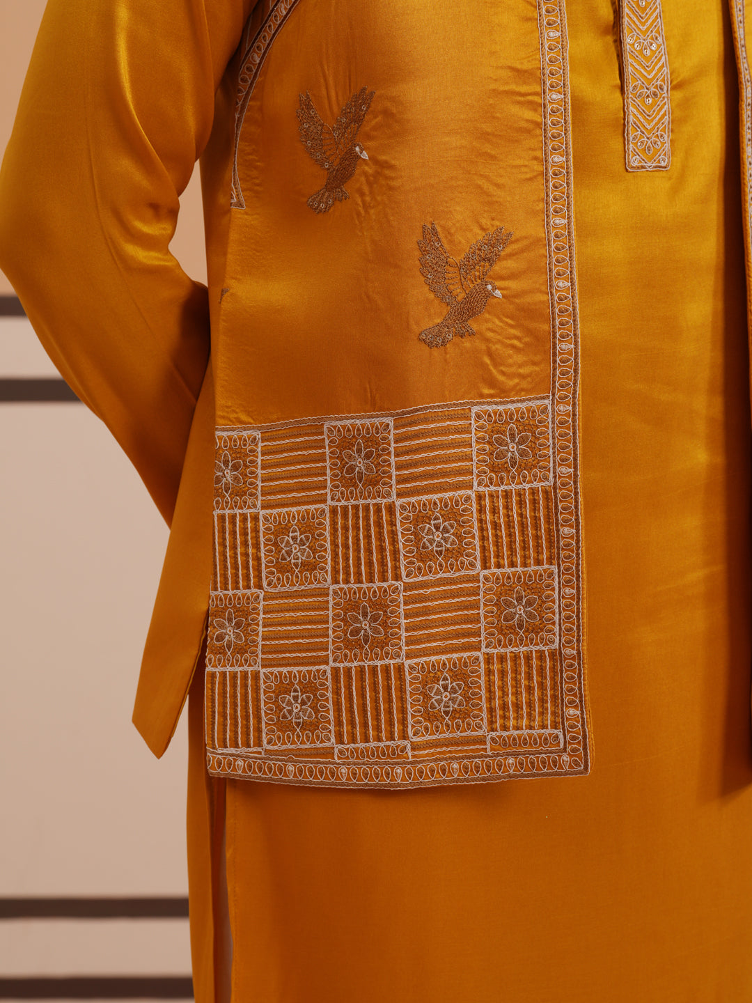 Mustard Embroidered Nehru Jacket & Kurta Pyjama Set ( JOKPWCS 5368 Mustard ) [FF] [A-1-4]