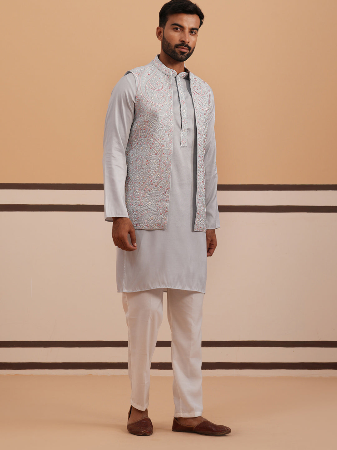 Blue Embroidered Nehru Jacket & Kurta Pyjama Set (JOKPWCS 5370 Blue ) [FF] [I-3]