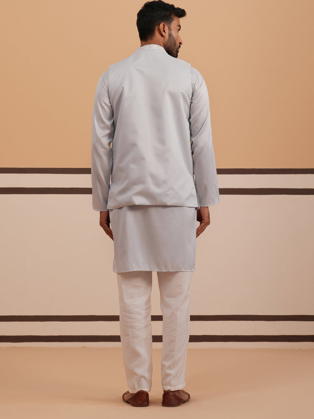 Blue Embroidered Nehru Jacket & Kurta Pyjama Set (JOKPWCS 5370 Blue ) [FF] [I-3]