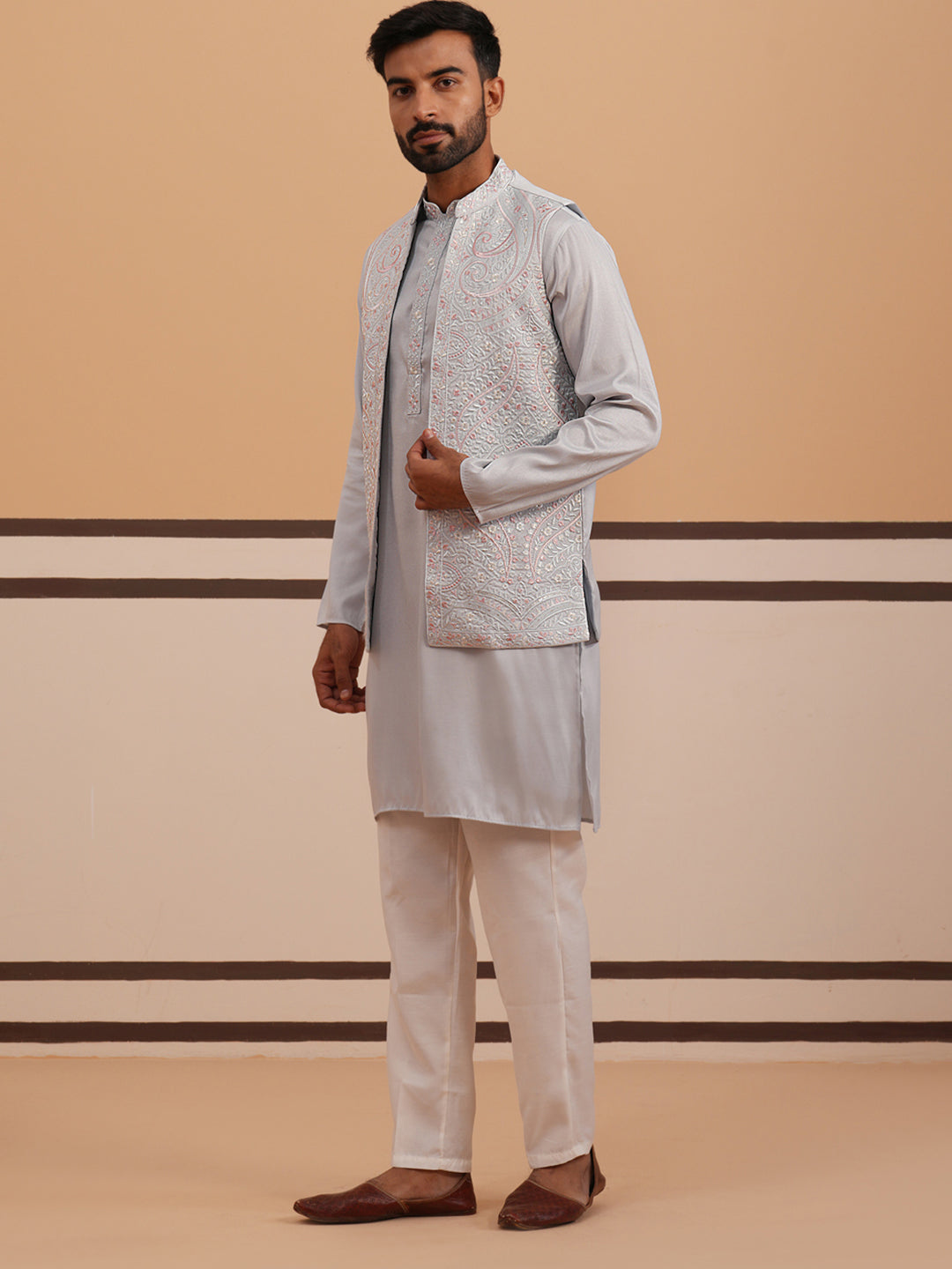 Blue Embroidered Nehru Jacket & Kurta Pyjama Set (JOKPWCS 5370 Blue ) [FF] [I-3]