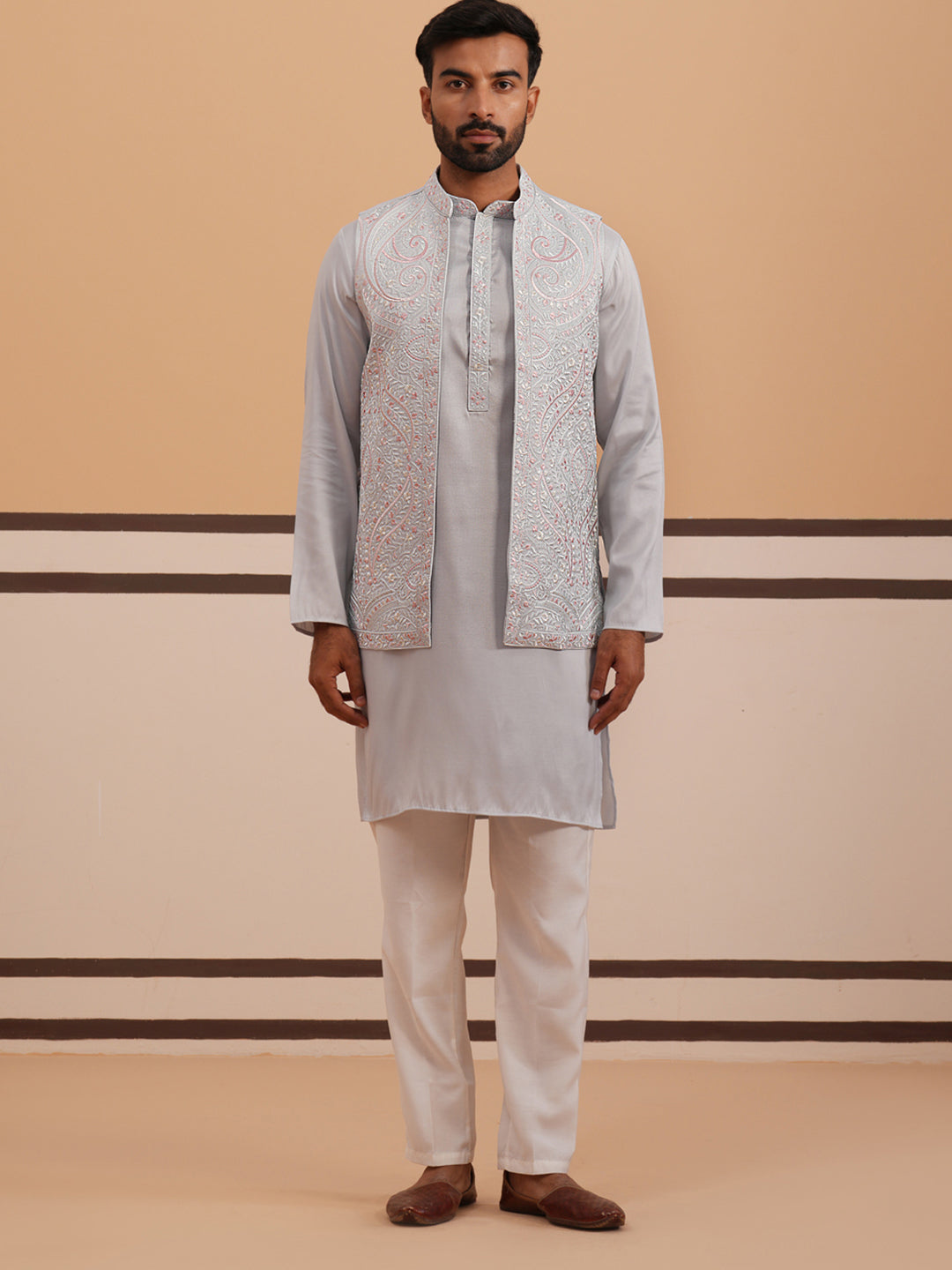 Blue Embroidered Nehru Jacket & Kurta Pyjama Set (JOKPWCS 5370 Blue ) [FF] [I-3]