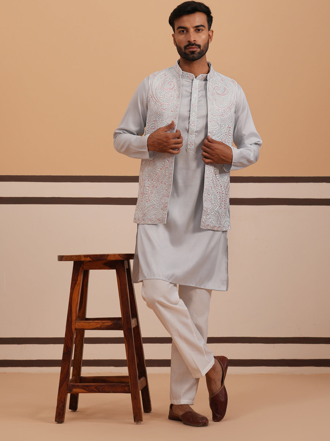 Blue Embroidered Nehru Jacket & Kurta Pyjama Set (JOKPWCS 5370 Blue ) [FF] [I-3]