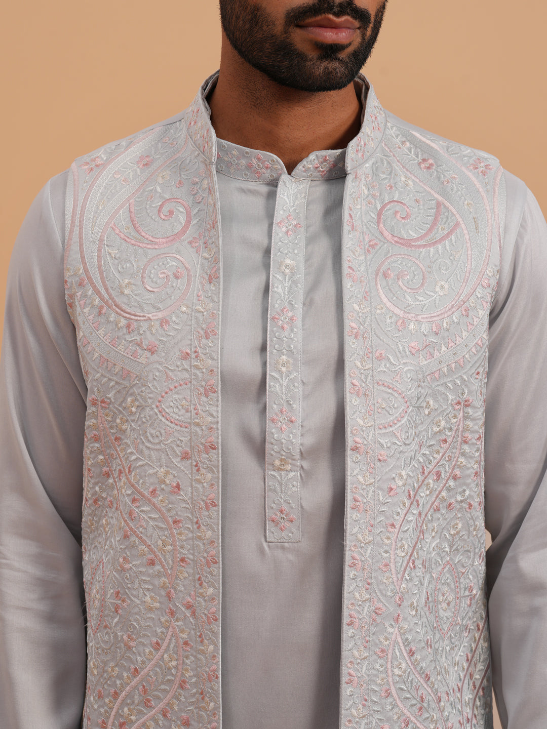 Blue Embroidered Nehru Jacket & Kurta Pyjama Set (JOKPWCS 5370 Blue ) [FF] [I-3]