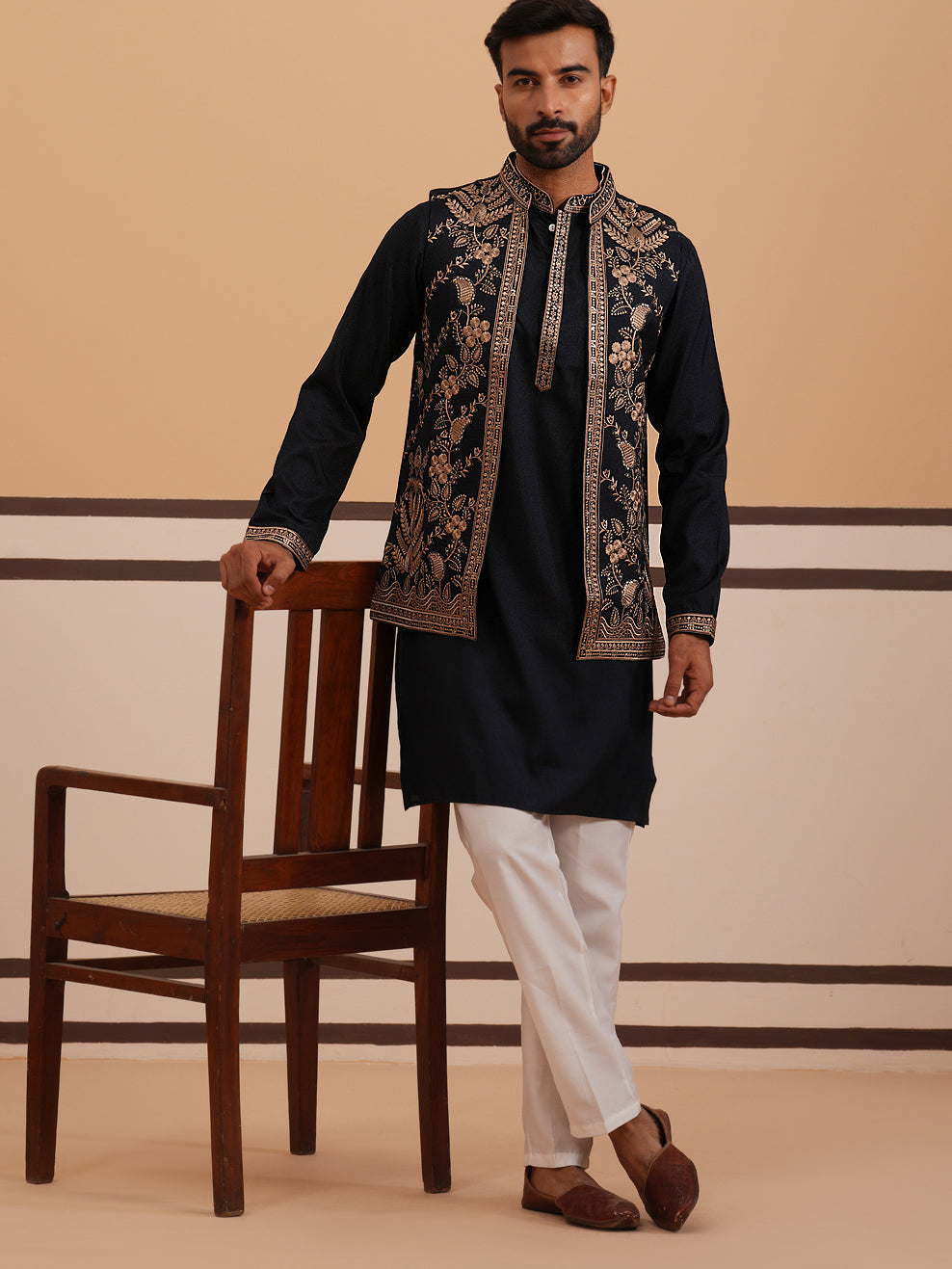 Black Threadwork Nehru Jacket with Kurta Pyjama (JOKPWCS 5376 Black ) [FF] [A-1-4]